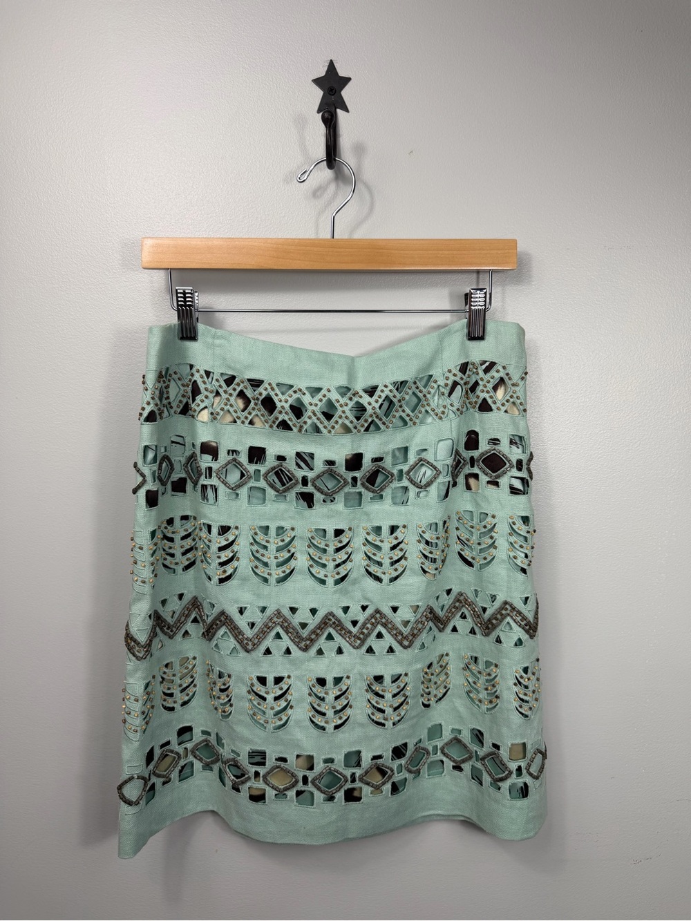 Per Se Mint Green Laser-Cut A-Line Skirt with Metallic Accents